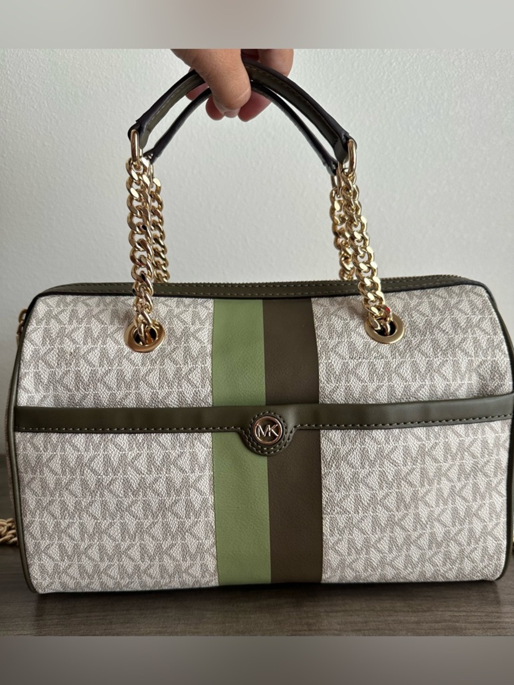 Michael Kors Cream and Olive Signature Tote with Gold Chain Handles